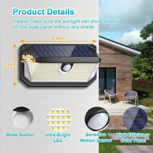 Vista 6 de Brightever - Luces solares para exteriores, 4000LM, 388 LEDs, sensor de movimiento, luces exteriores alimentadas por energía solar, IP65