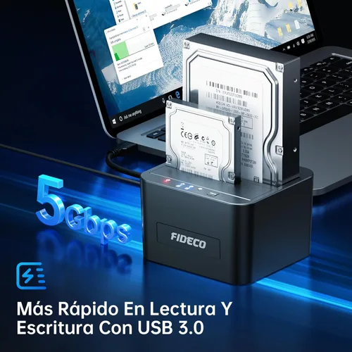 Vista 2 de FIDECO External Hard Drive Docking Station, Hard Drive Dock for 2.5 and 3.5 inch SATA HDD SSD, HDD Docking Station with Dual Bay, USB 3.0 Hard Drive