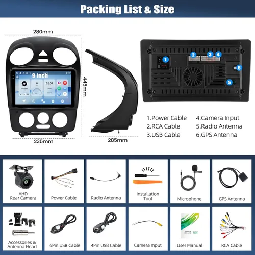 Vista 9 de 4+64G Android 15 Estéreo de coche para VW Beetle 2004-2010 con Carplay inalámbrico Android Auto, 9 pulgadas 1280 * 720P IPS pantalla táctil