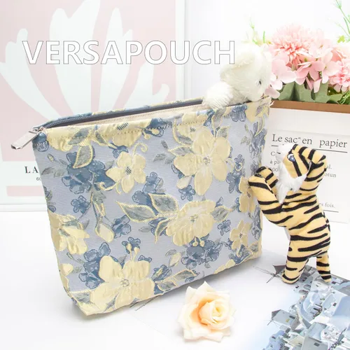 Vista 6 de Pazimiik Bolsa de maquillaje floral, grande, de algodón, con cremallera para bolsa de viaje, organizador de maquillaje de lona para mujeres
