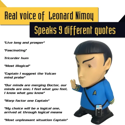 Vista 2 de FAMETEK Star Trek: TOS - Mr. Spock - Altavoz Bluetooth de 6 pulgadas con efectos de sonido, micrófono y citas auténticas de Spock