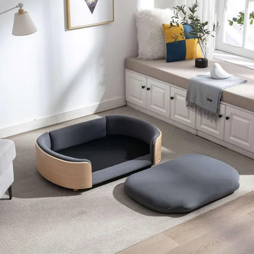 Vista 2 de Cama de terciopelo para perro, sofá para mascotas con patas de madera maciza y respaldo de madera doblada, cojín resistente a las manchas en varios