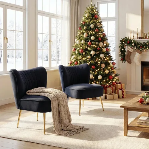 Vista 10 de DUOMAY Juego de 2 sillas decorativas modernas de terciopelo con patas doradas, silla lateral con respaldo alado para sala de estar, dormitorio Negro