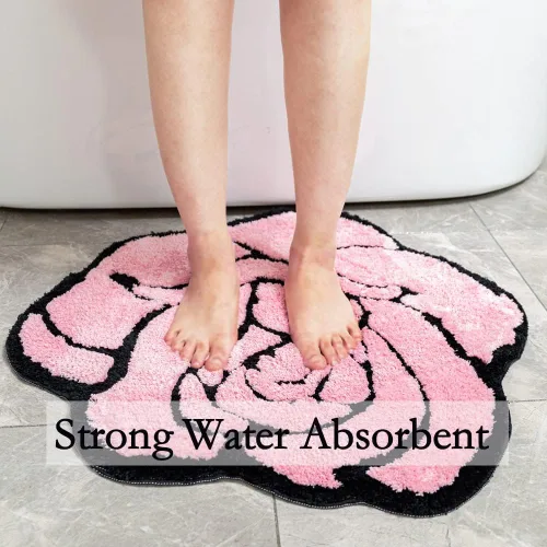 Vista 4 de Bonita alfombra de baño rosa para baño, antideslizante, absorbente, con forma de flor, alfombra de ducha esponjosa, decoración floral, alfombra