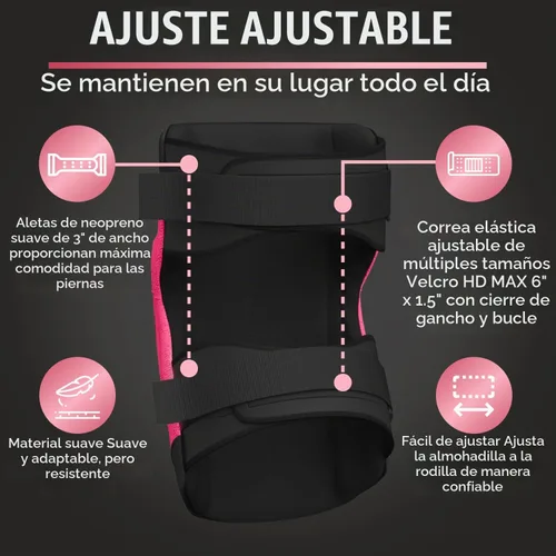 Vista 4 de PRO - Rodilleras estilo constructor para mujer con 3 niveles de protección, rosa, 1 par, tapa de plástico de soporte plano y cierres ajustables