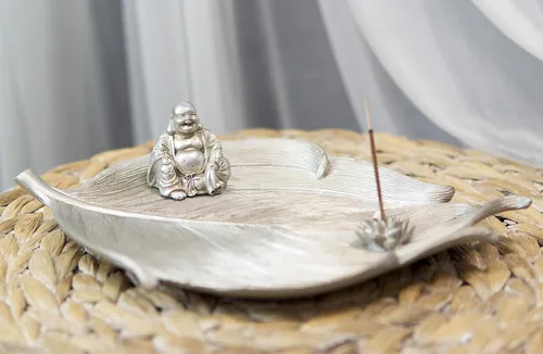 Vista 3 de Ebros Gift Buddhism Hotei Laughing Buddha sentado en Bodhi hoja de árbol con flor de loto incienso soporte quemador figura Zen Feng Shui hogar