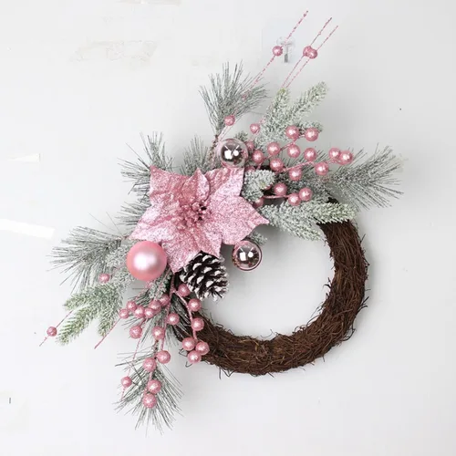 Vista 4 de Corona de Navidad con adornos de bolas para decoración de puerta delantera (corona rosa, 17.7 in)