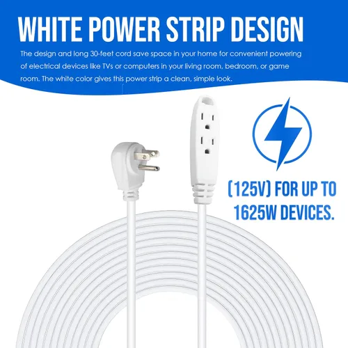 Vista 6 de SureSave - Cable de extensión de 30 pies Cable de extensión blanco resistente de 3 clavijas con conexión a tierra para interiores Listado UL