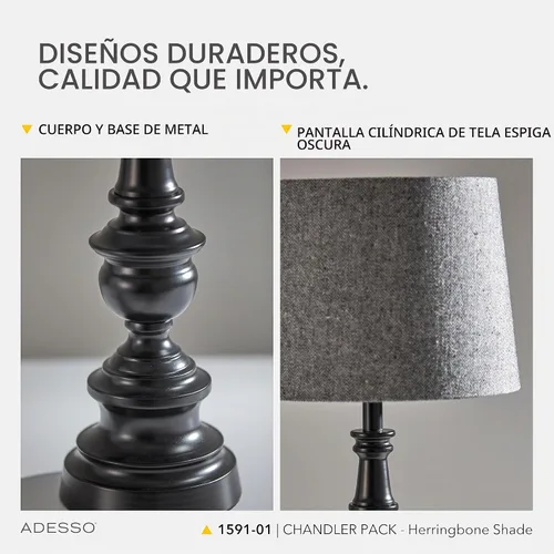 Vista 4 de Adesso Juego de lámparas de 3 piezas: dos lámparas de mesa y una lámpara de pie - Base con acabado de bronce, sombra de espiga oscura, iluminación