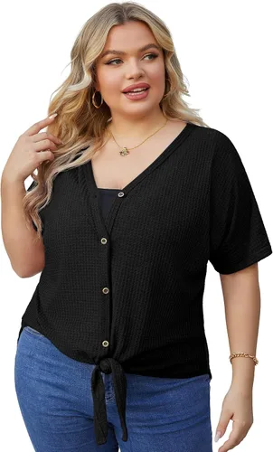 Vista 3 de OLRIK Blusa de manga corta con cuello en V para mujer, de punto gofre, con lazo frontal y botones