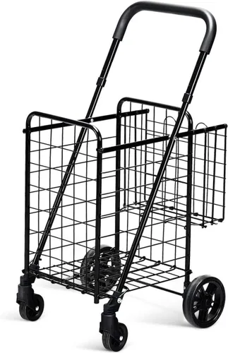 Vista 2 de ReunionG Carrito de compras plegable, carrito de supermercado de doble cesta con barra de mango ancho ajustable y ruedas giratorias, adecuado