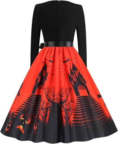 Vista 5 de Vestido de Halloween para mujer 2022 con cuello en V y cremallera de manga larga con panel