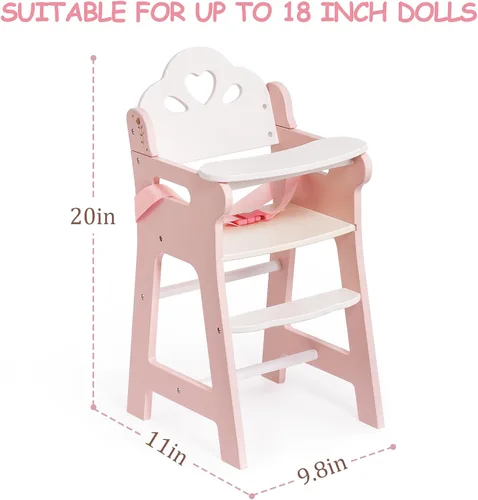 Vista 7 de ROBUD Silla alta de muñeca de bebé, silla alta de juego de simulación con cinturón de seguridad, accesorios de muñeca de madera rosa con mesa móvil