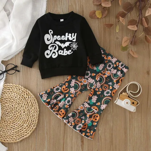 Vista 4 de Conjunto de sudadera de manga larga con estampado de calabaza para bebé niña, pantalones acampanados, ropa de otoño para bebé