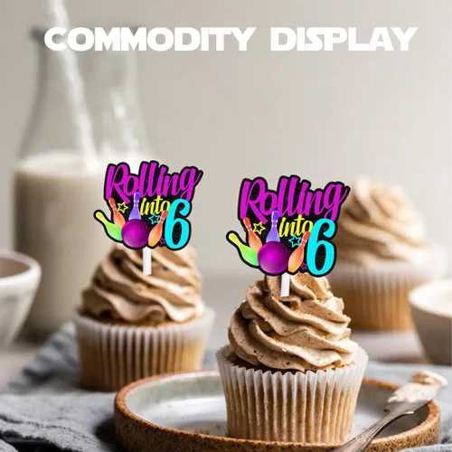 Vista 5 de 18 piezas de bola de boliche con purpurina, decoración de postre, magdalenas, boliches, 6 temas, suministros de decoración para niños y niñas