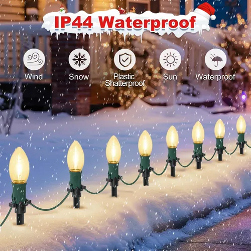 Vista 3 de USOKYO 20 bombillas LED C9 de 30 pies, luces LED de Navidad para exteriores, bombillas LED blancas cálidas, impermeables, conectables, luces