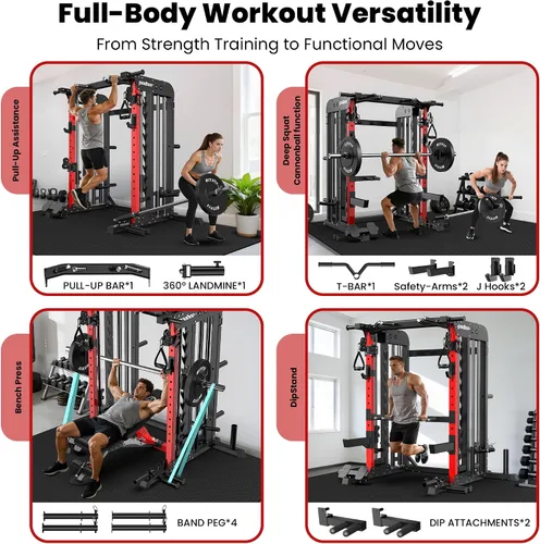 Vista 8 de pooboo Power Cage Smith Machine with 2000LB Squat Rack Cable System LAT Pulldown and Dual Pulley Cable Crossover with All-in-One Home Gym Machine