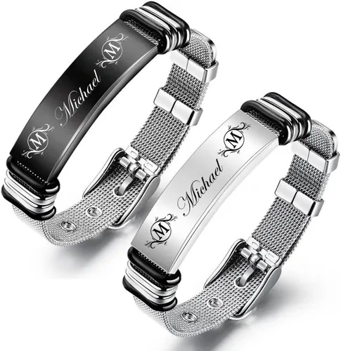 Vista 4 de Regalos para hombres, pulseras personalizadas para hombres con pulsera de fotos, texto grabado, acero inoxidable, pulseras de identificación