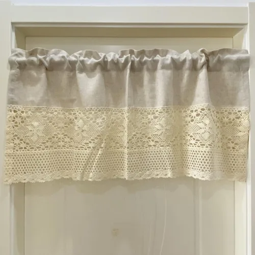Vista 2 de Cenefa de cortina rústica bohemia para ventana de cocina, casa de campo, hecha a mano, entretejido de encaje de ganchillo, tela de algodón, cortinas