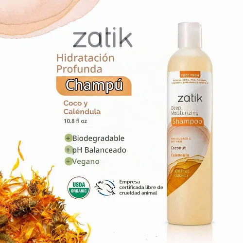 Vista 2 de Zatik Naturals - Champú hidratante profundo con coco y caléndula - Vegano, biodegradable, pH equilibrado, para cabello teñido y seco, libre