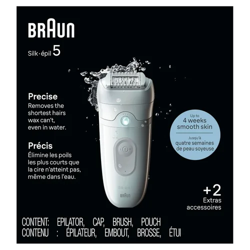Vista 8 de Braun Depiladora Silk-épil 5, dispositivo de depilación, afeitadora y recortadora para mujer, húmeda y seca, incluye tapa de contacto para la piel