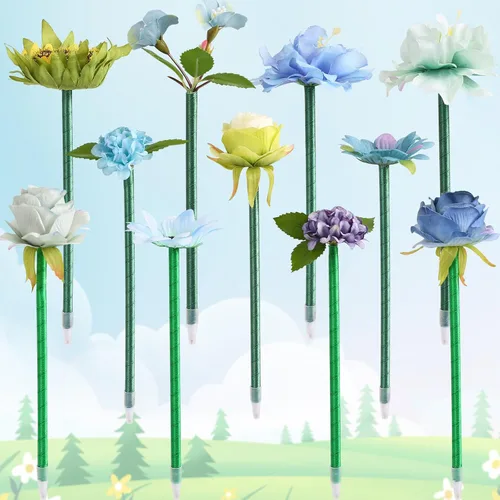 Vista 3 de Leery Bolígrafos de flores para adultos – Juego de 16 bolígrafos mezclados con rosas azules, elegante accesorio de escritorio y regalo para ella