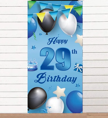 Vista 13 de Cartel azul de feliz cumpleaños número 11, globos de fondo de estrellas, confeti y saludos a los 11 años, decoración temática de puerta, porche