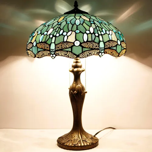 Vista 2 de WERFACTORY Tiffany Lámpara de mesa de noche de cristal azul mar, lámpara de mesa estilo libélula luz de lectura de escritorio, base de metal, 16 x