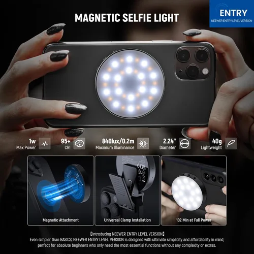 Vista 2 de NEEWER Luz magnética para selfie de nivel de entrada compatible con MagSafe iPhone, 1 W, clip de metal LED, anillo de iluminación de relleno
