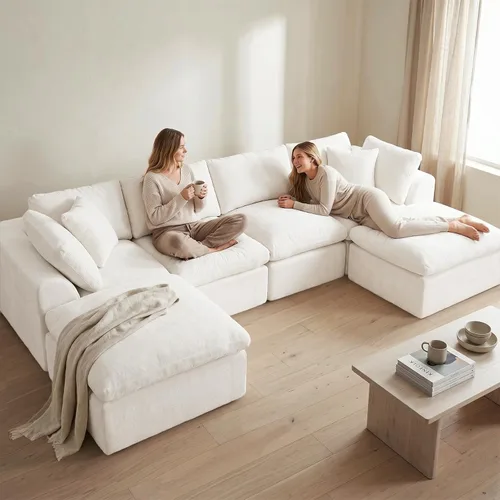 Vista 10 de Sofás de nube beige para sala de estar, sofá deshuesado de 4 plazas, sofá modular seccional, no requiere montaje, tapizado de chenilla, moderno