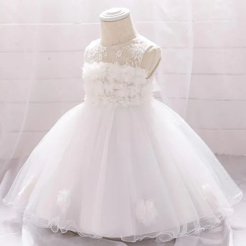 Vista 3 de TUIJI Vestido de encaje de tul sin mangas con lazo de princesa para niñas pequeñas de 6M-2T