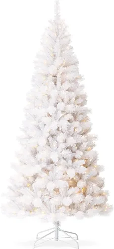 Vista 8 de Glitzhome - Árbol de Navidad artificial delgado preiluminado de 2.4 m, con ramas de pino Aspen Frostfall, soporte plegable de metal, 500 luces Aspen