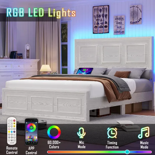 Vista 4 de Incyneva Base de cama matrimonial con cabecera ajustable en altura, marco de cama de plataforma de granja con puerto de carga y luces LED,