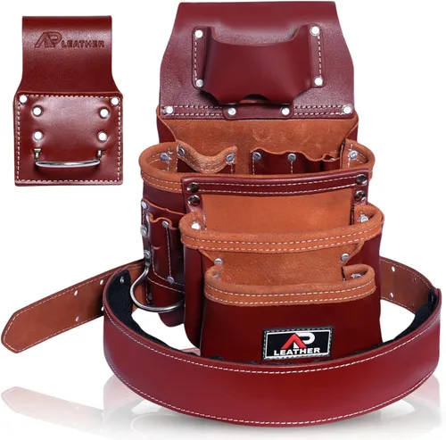 Vista 9 de Bolsa de herramientas de cuero AP LEATHER Pro-015 para construcción, resistente, con soporte para martillo, hebilla, 3 bolsillos grandes