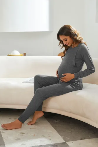 Vista 4 de Ekouaer Conjunto de ropa interior térmica de maternidad y lactancia, conjunto de pantalones largos de punto a rayas, capa base superior e inferior