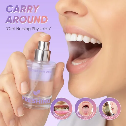 Vista 7 de Spray oral probiótico, combo de sabor a menta y melocotón, espray de aliento con prebióticos y probióticos, frescura duradera, sin alcohol, cómodo