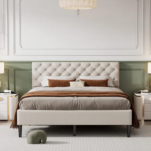 Vista 12 de Cama de plataforma tapizada de tamaño matrimonial con cabecera de terciopelo con patrón de flores, con marco de cama de soporte de listones