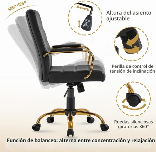 Vista 6 de Topeakmart - Silla de escritorio de oficina con brazos, respaldo medio, color negro y dorado, piel sintética