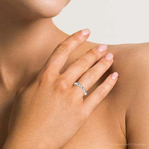 Vista 6 de Anillo de boda de diamantes y zafiro azul de 15 quilates con banda apilable de oro blanco de 10 quilates