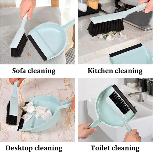 Vista 7 de Juego de mini escoba de mano azul y recogedor - Pequeño recogedor con cepillo para el hogar, cocina, oficina, coche