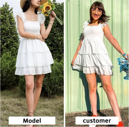 Vista 2 de Byinns Vestido corto sin mangas con cuello cuadrado para mujer, cintura alta, espalda descubierta, escalonado, tirantes fruncidos, casual, corto