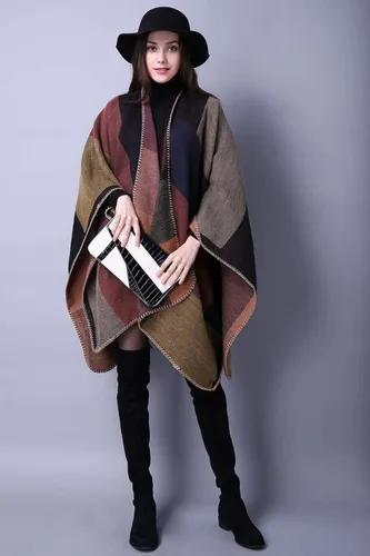 Vista 2 de Chal de punto para mujer a cuadros con parte delantera abierta tipo poncho tipo capa envolvente