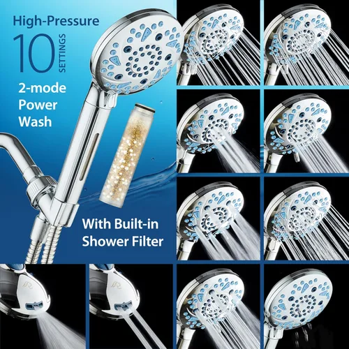 Vista 4 de AquaCare High Pressure 10 Spray Mode Filtered Showerhead - Handheld Shower Head Filters Chlorine to Heal Dry Skin, Revive Hair - Dual Power Wash