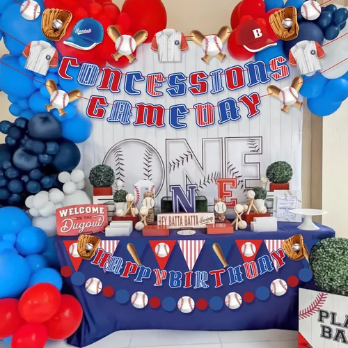 Vista 3 de Decoraciones de fiesta de béisbol preencordadas con concesiones y pancartas para el día del juego, suministros de fiesta de béisbol de feliz