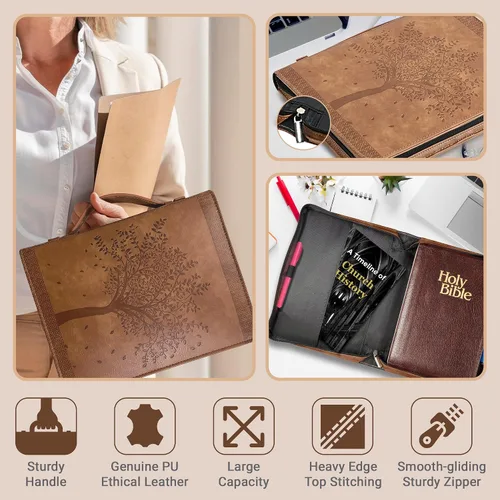 Vista 5 de Funda para Biblia con diseño de árbol de la vida grabado, funda protectora de piel sintética auténtica con asa, cremallera, bolsillos y ranuras