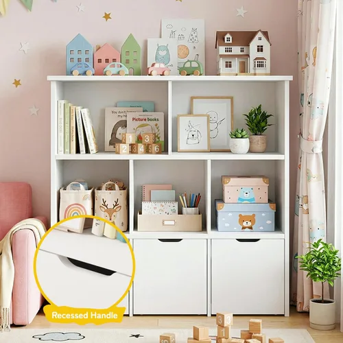 Vista 5 de Teckid Organizador de almacenamiento de juguetes con 3 cajones móviles y 5 cubos abiertos, estantería para niños y armario de almacenamiento