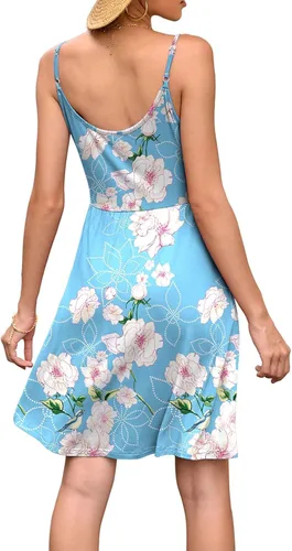 Vista 4 de WEACZZY - Vestido veraniego informal sin mangas para mujer, con vuelo, estampado floral, bolsillos, tirantes delgados y cuello en V
