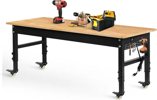 Vista 14 de Betterhood Banco de trabajo de altura ajustable, estación de trabajo resistente con parte superior de madera de goma de 48 pulgadas con tomas