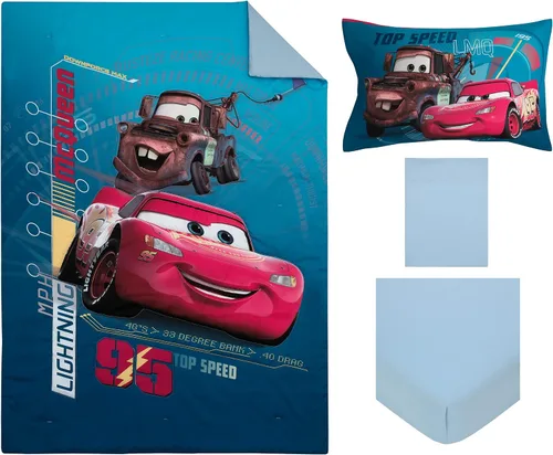 Vista 8 de Disney Cars Piston Cup Circuit - Juego de cama infantil de 4 piezas color azul, rojo y amarillo, Lightning McQueen y Mater, edredón, sábana bajera