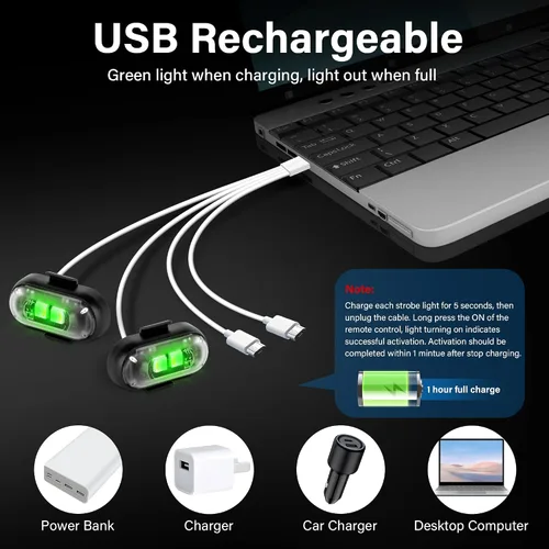 Vista 3 de Luces LED inalámbricas para coche 8 piezas con control remoto, luces LED estroboscópicas inalámbricas 8 colores con carga USB, IP65, impermeables